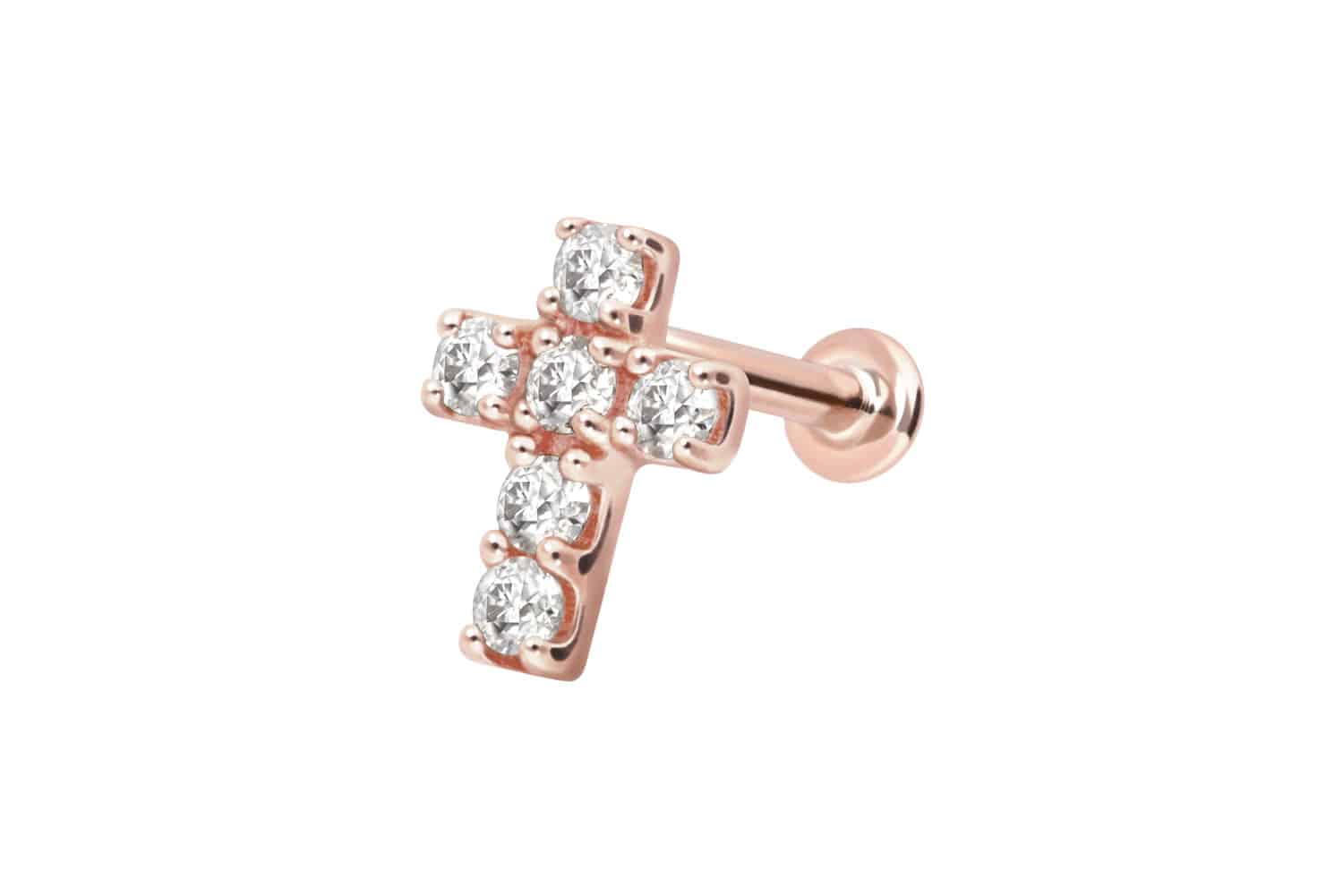 14 Karat Gold Labret Piercing mit Push Fit MOISSANIT-KREUZ